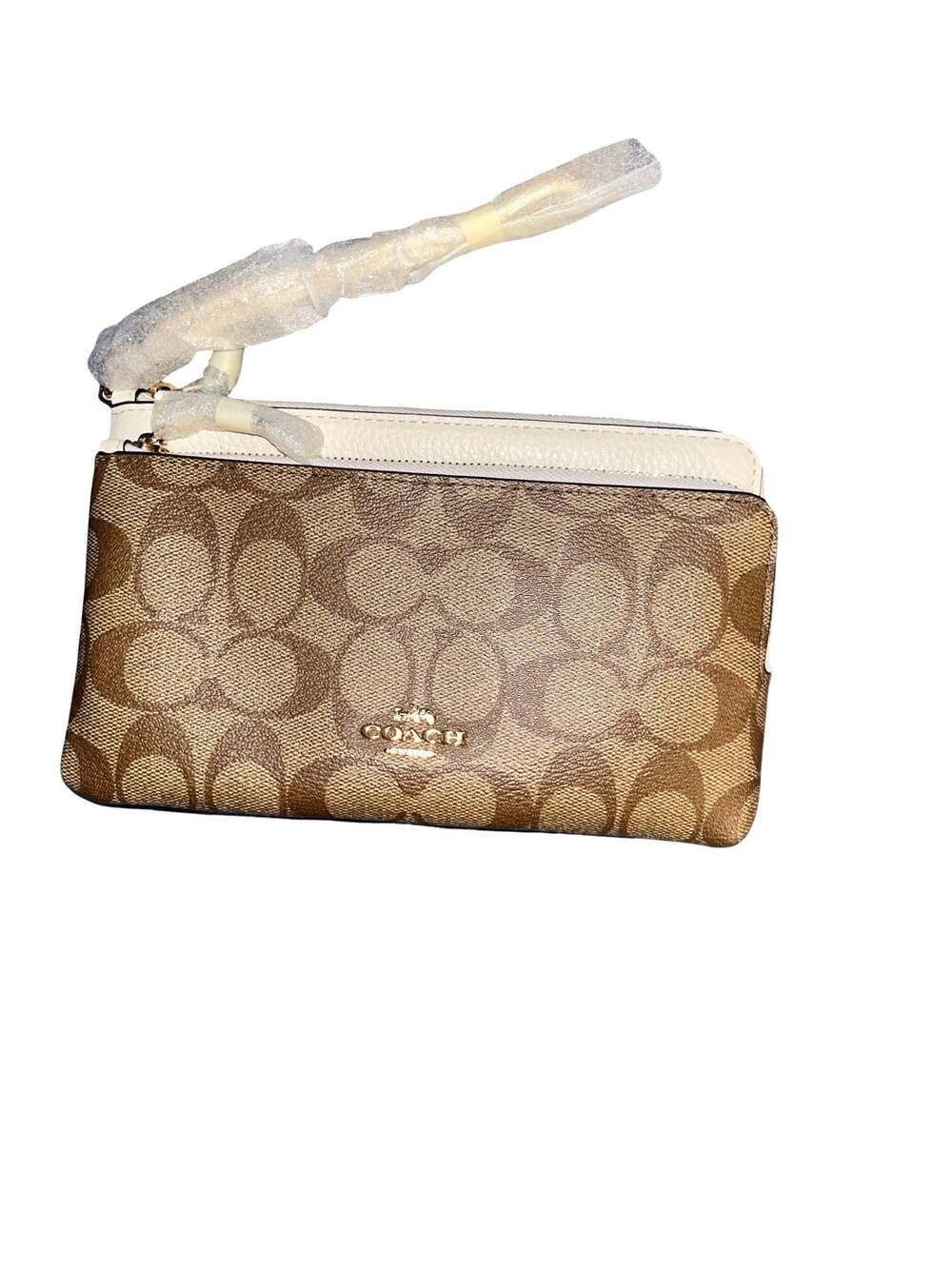 Coach Double Zip Wallet in Signature Canvas and Chalk Leather